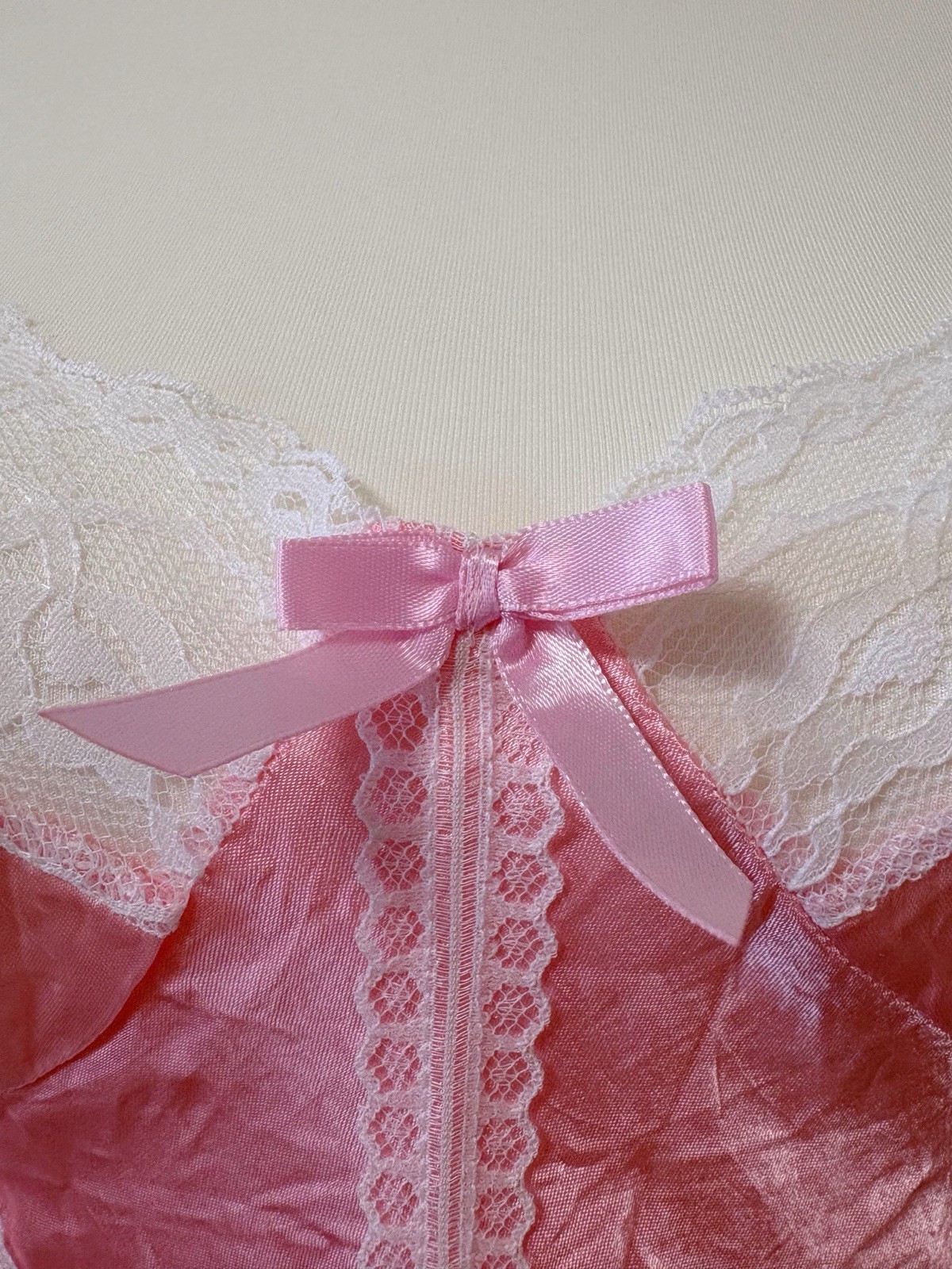 Vintage 80s Lace Pink White Lingerie Teddy Nightgown Romper Bodysuit USA Kawaii