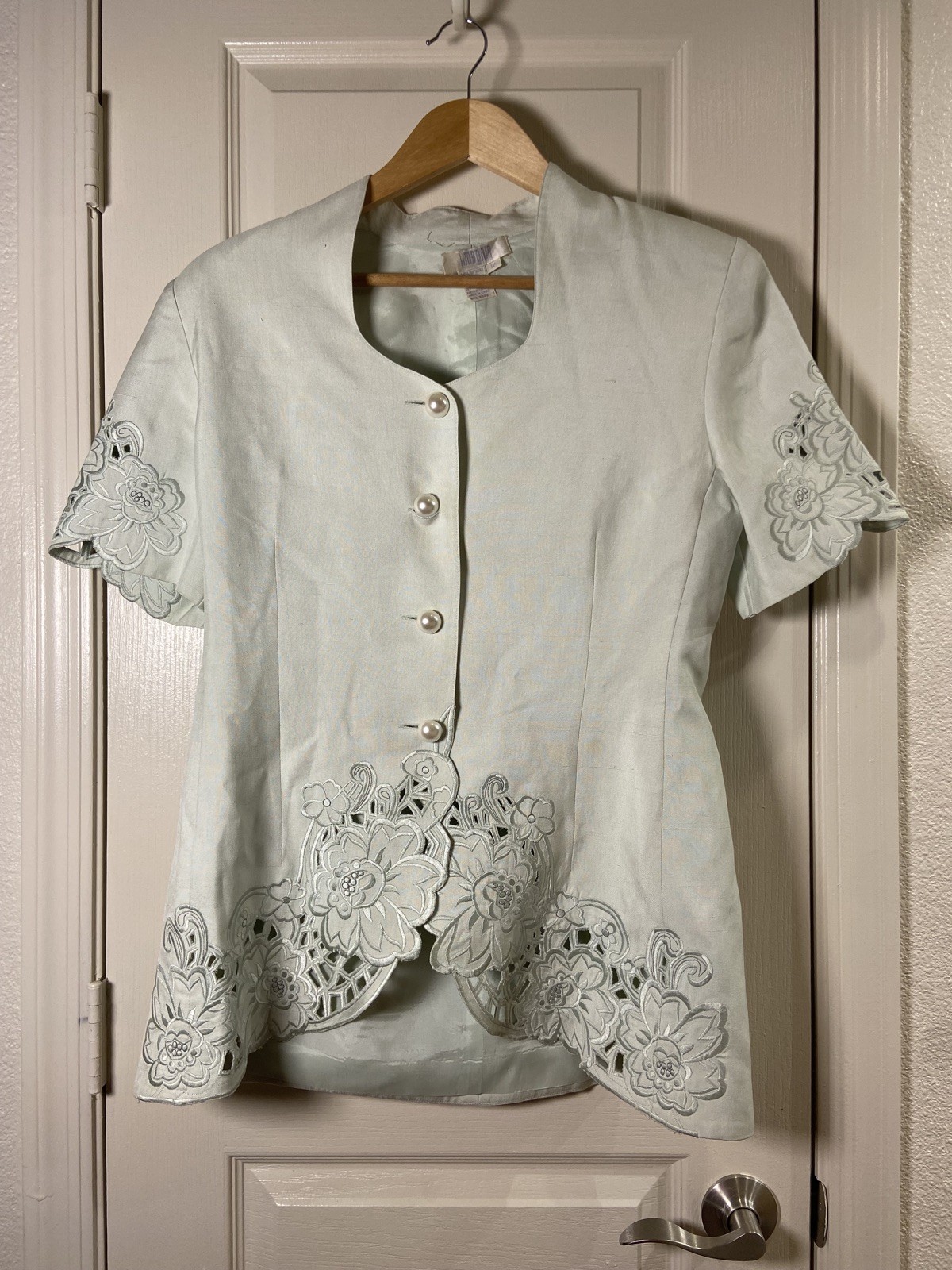 1950s Vintage I Magnin 100% Silk Summer Skirt Suit Pastel Green Size 12