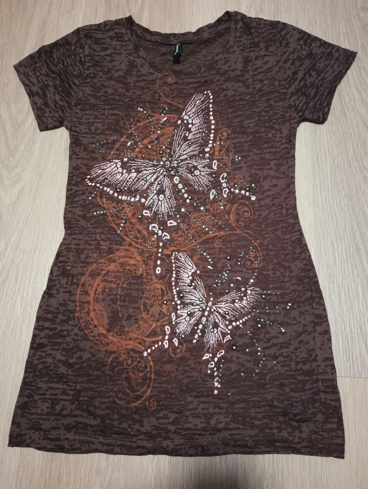 Vtg SWEET GIRL Beaded Butterfly Brown Sheer BURNOUT Art Nouveau Top T-Shirt S