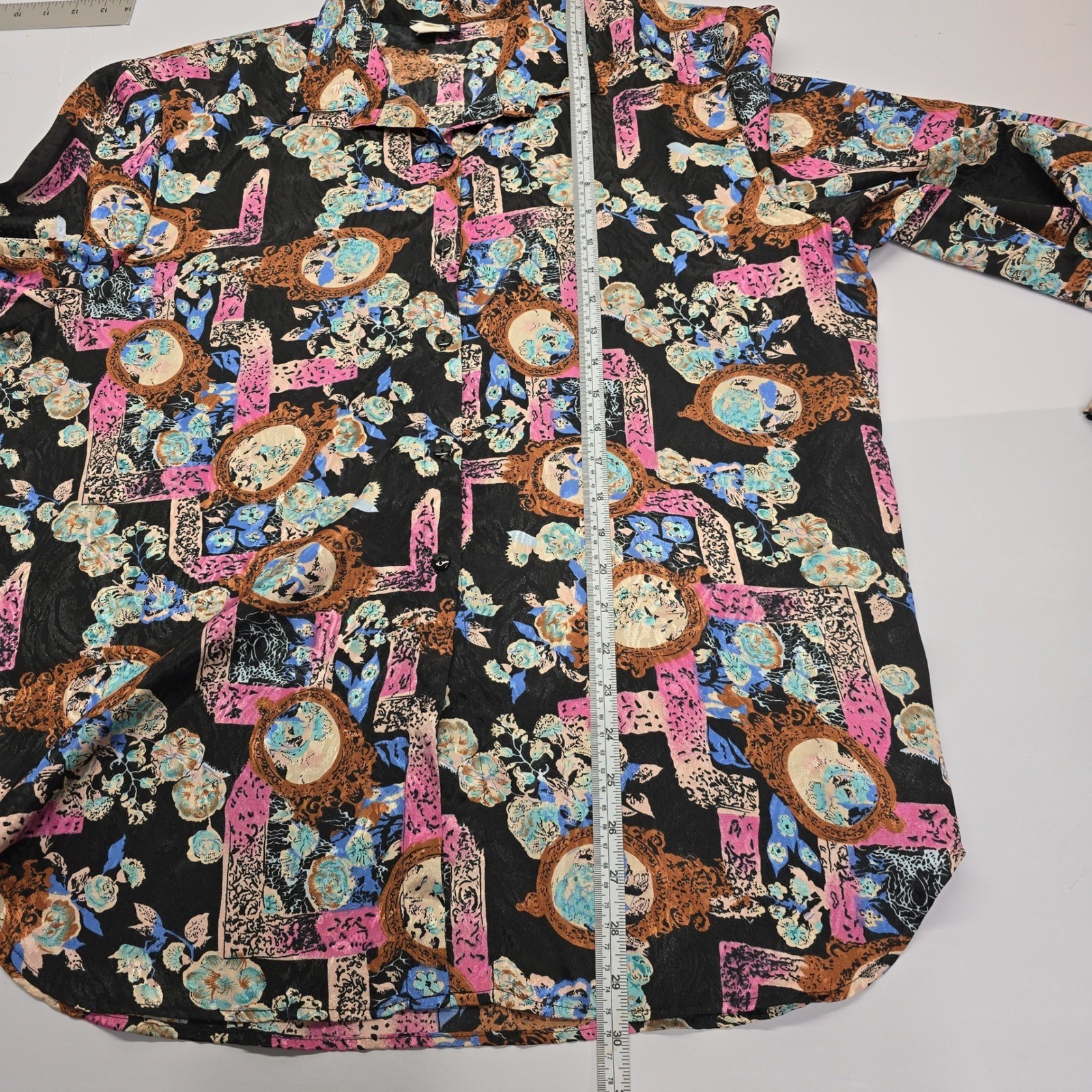 Lori of California Vintage 90s Baroque Floral Button Down Shirt Black Pink Blue