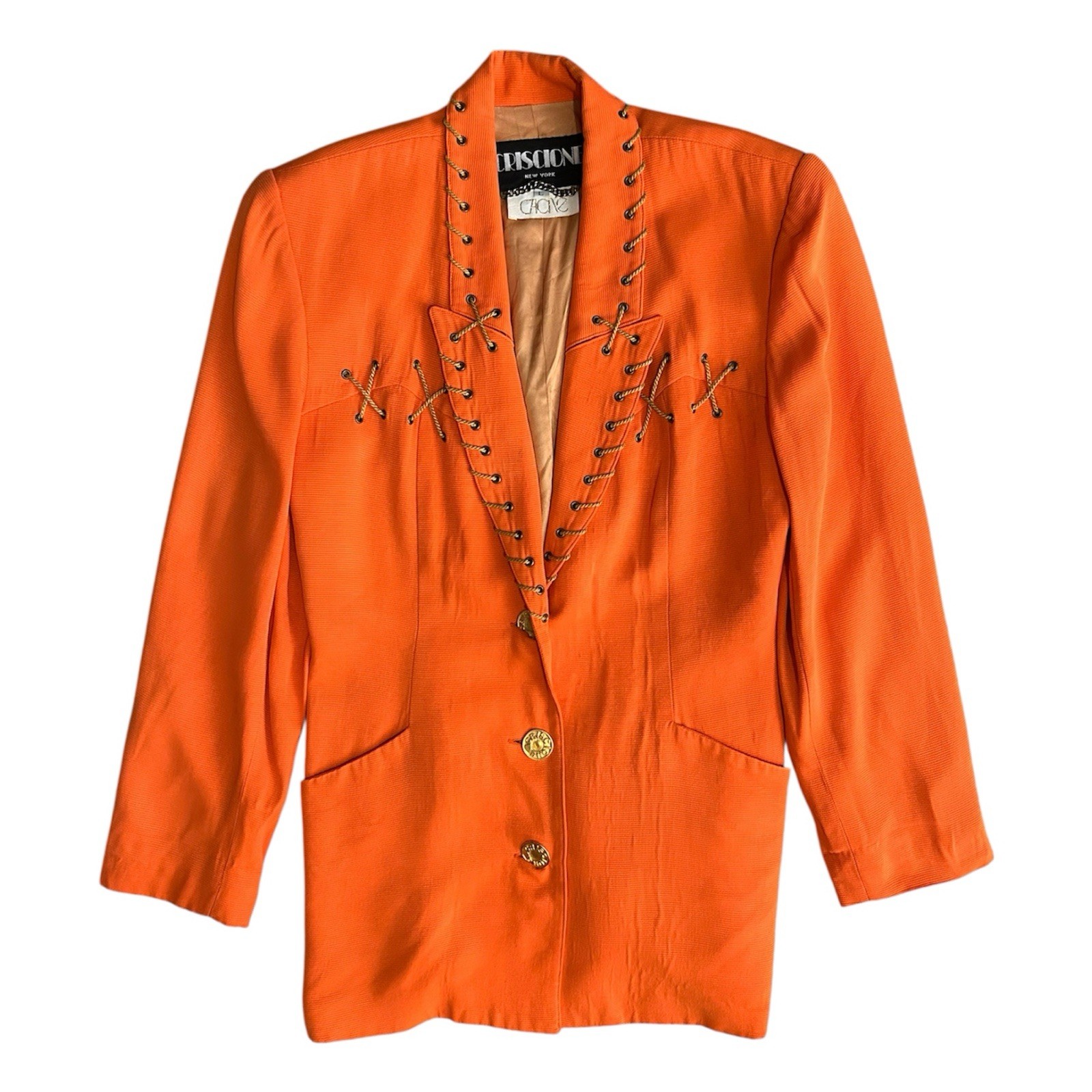 VTG 80s/90s CRISCIONE New York Cache Bright Orange Lace Up Blazer Jacket Sz L
