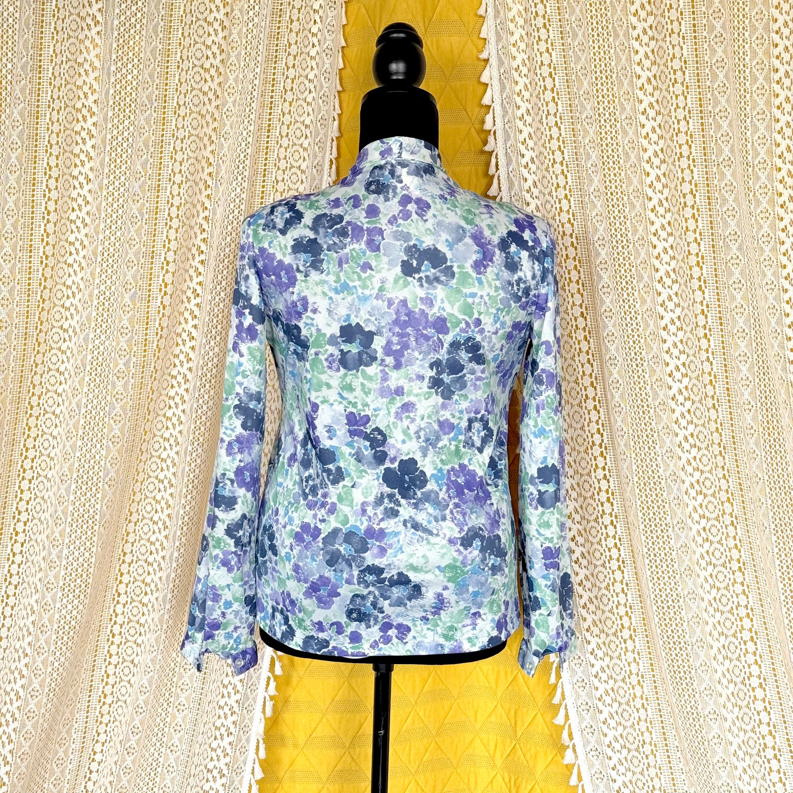 Vintage Secretary Necktie Purple Floral Blouse Size L