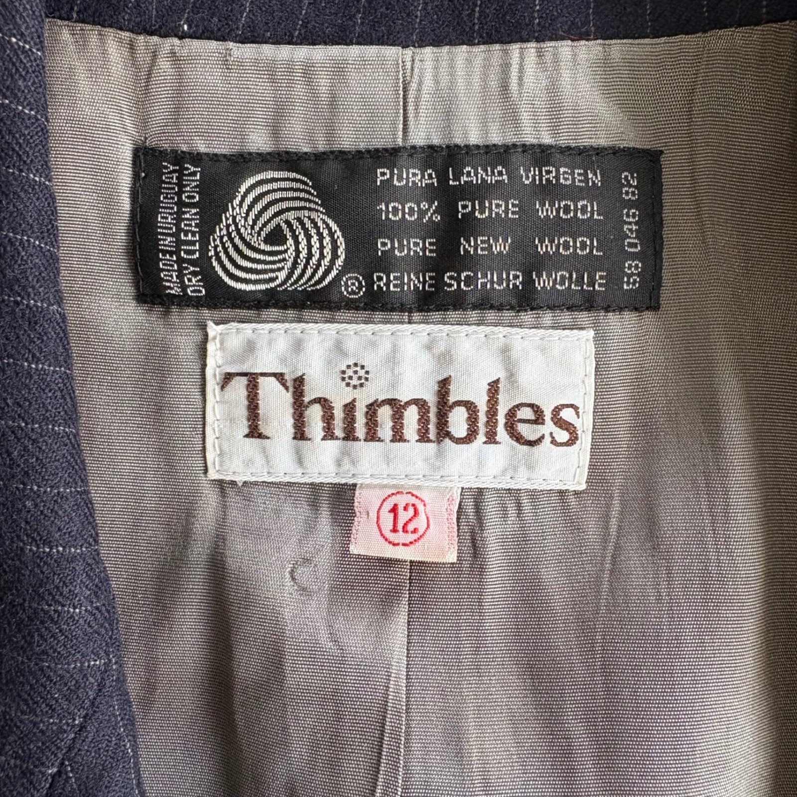 Vintage Thimbles Women’s 12 100% Wool Navy Pinstripe Blazer 2 Button Lined