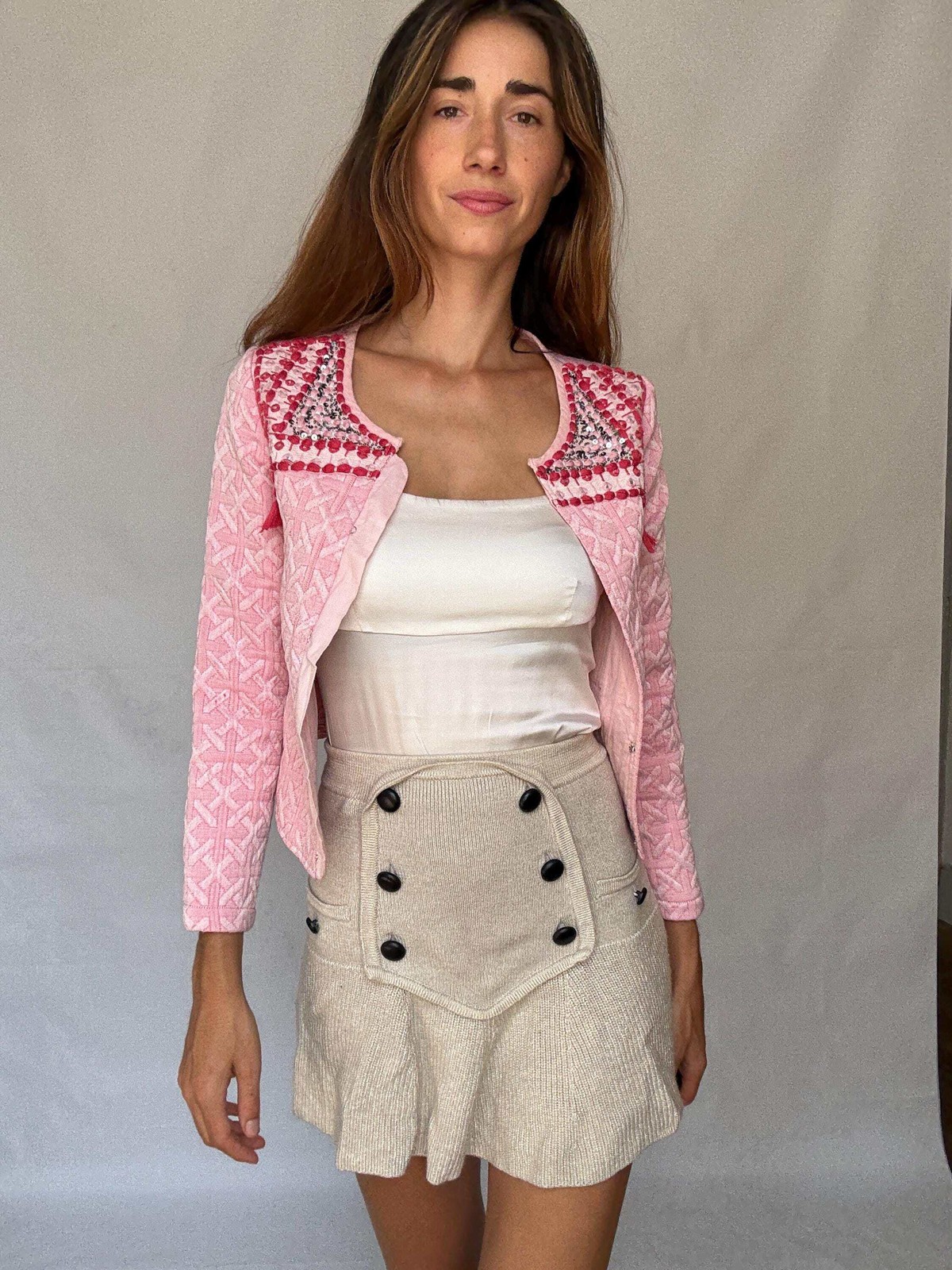 Embellished Jacket with Sequins and Tassels – Barbiecore Cropped Blazer – Textur