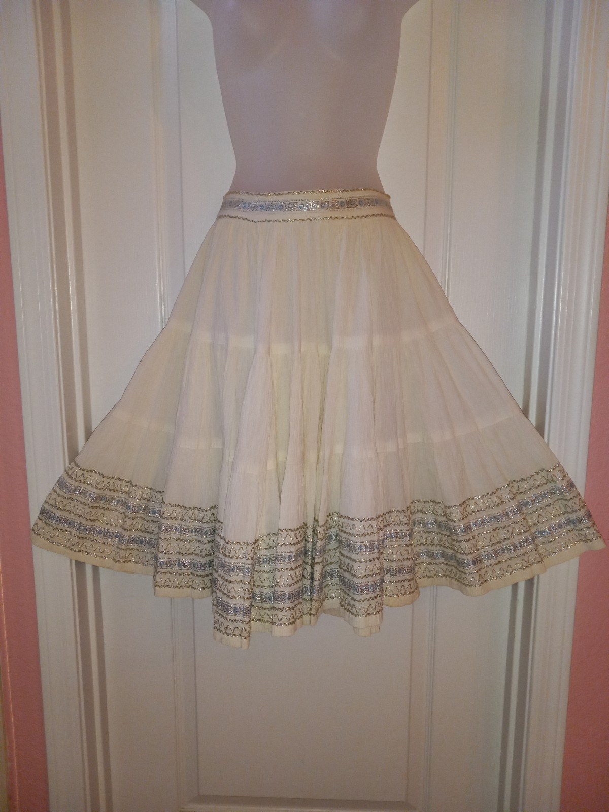 Vintage 50s Ivory Silver Metallic Ric Rac Patio Full Circle Squaw Skirt Viva S