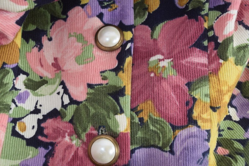 Vtg Corduroy Dress Womens XS-S Black Floral Button Front Shoulder Pads Made USA