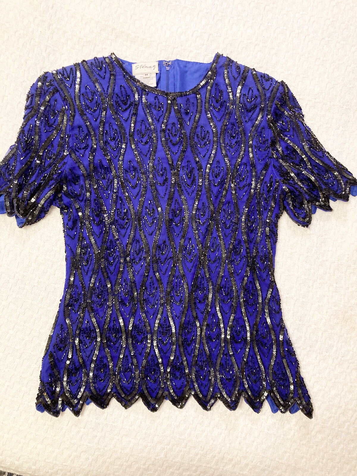 Vintage 80s BLUE AND BLACK silk beaded fancy top size MED