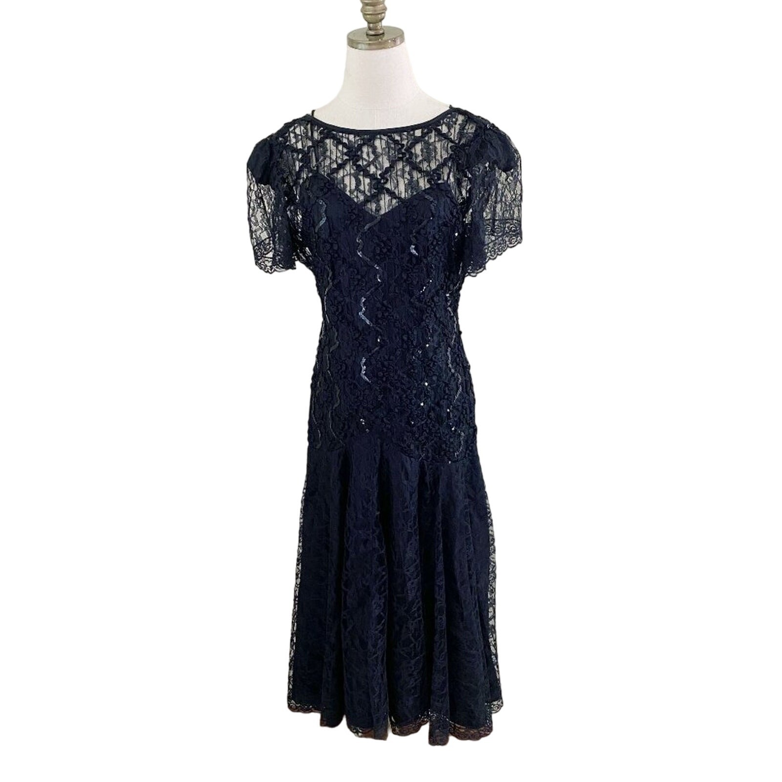 NWT Vintage 80s Deadstock Black Lace Tea Length Dress w Sequins Sheer Accents 6