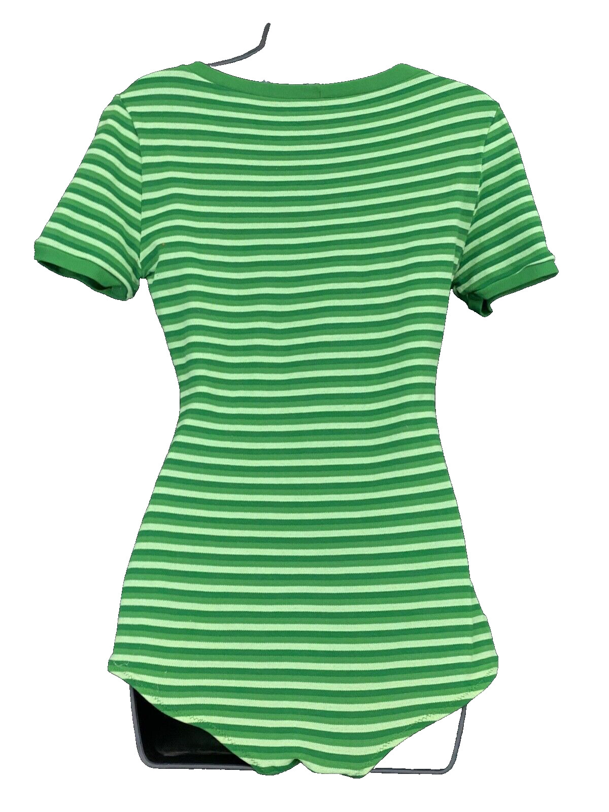 Vintage 1970s green striped bodysuit, short sleeve shirt top blouse boat neck M