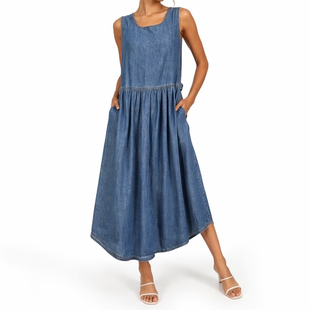 Vintage Denim Jumper Dress Women Size 14 Blue Pinafore Midi Cotton Drop Waist