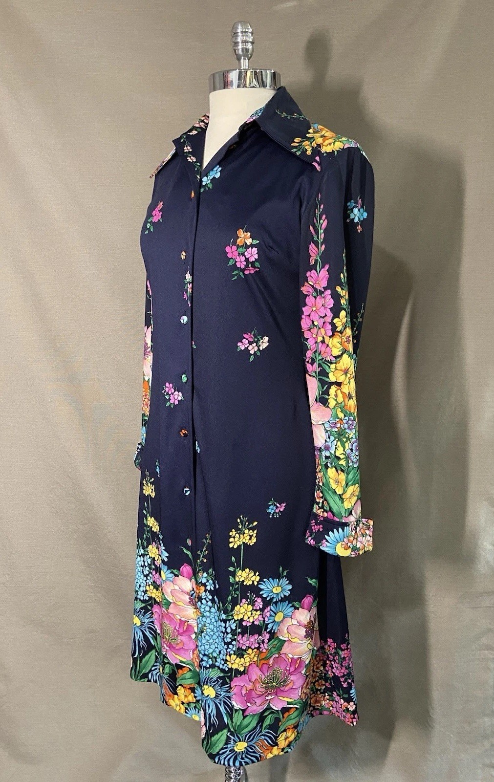Vintage 1970s Arémis Italian Floral Long Sleeve Shirt Dress Size M/L 8-10