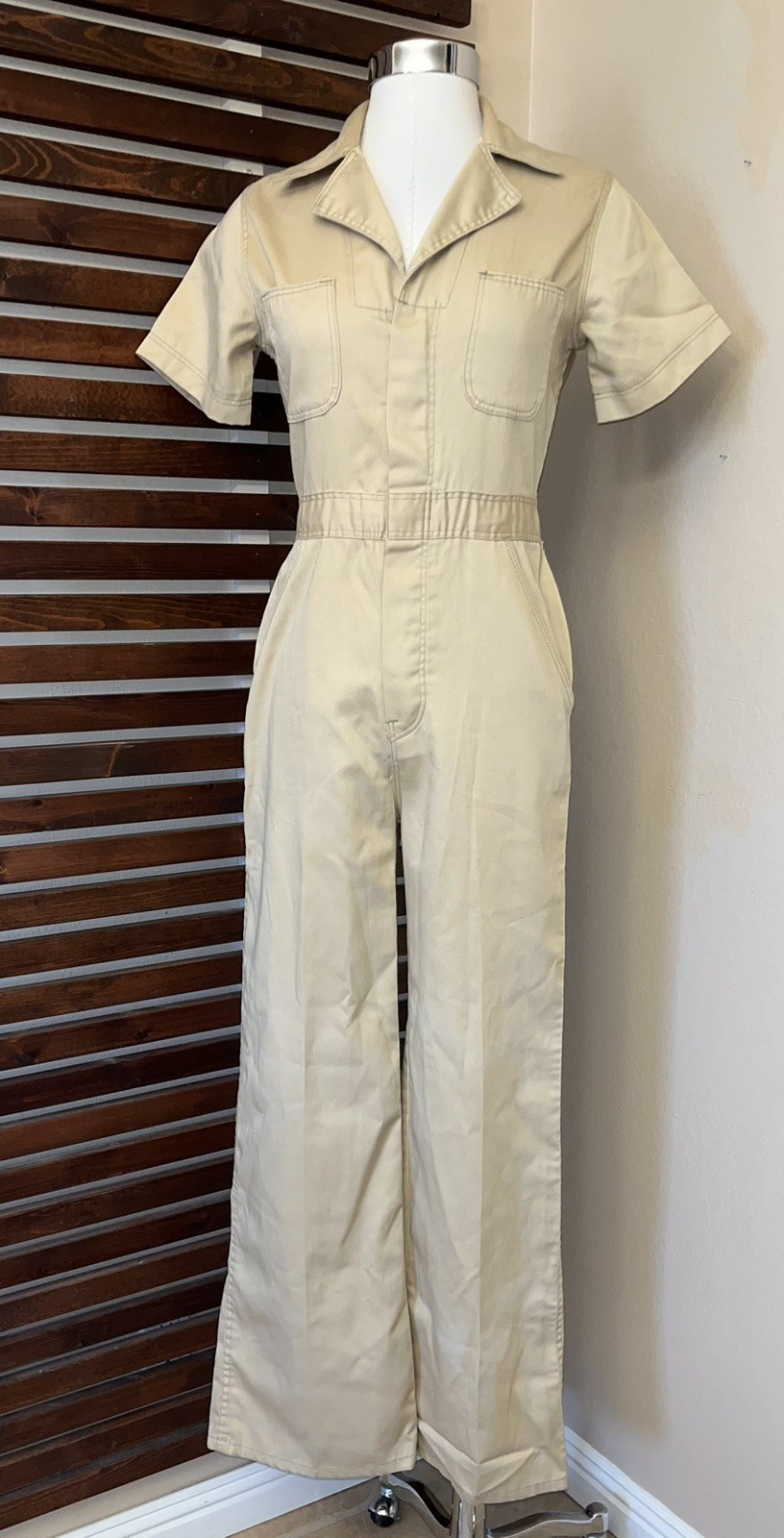 JC Penney Fashions 1970s 70s Vintage Beige Short Sleeve Wide Leg Jumpsuit Pocket