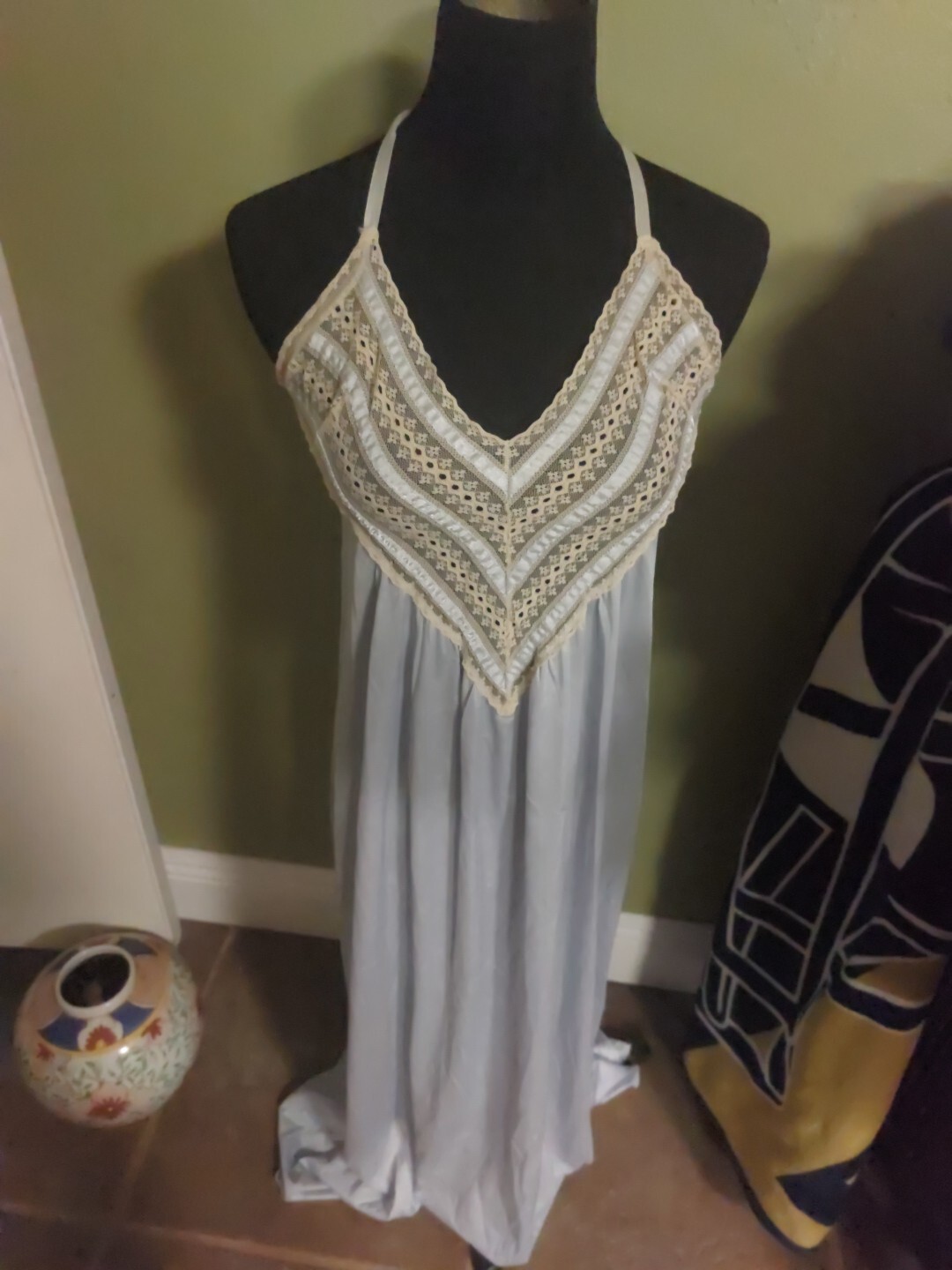 Vintage FLAIR Body Silk Blue Sweep Nightgown Spaghetti Strap USA Lace 1804 Sz S