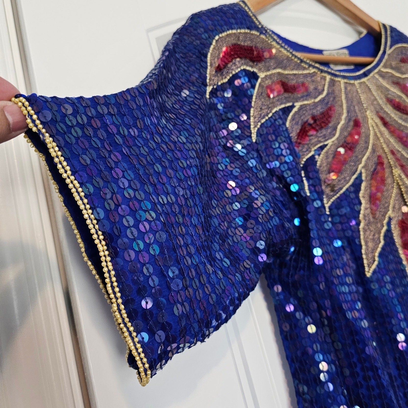 Vintage India Kings Blouse Womens Medium Blue Silk 80s Bright Sequins Beaded