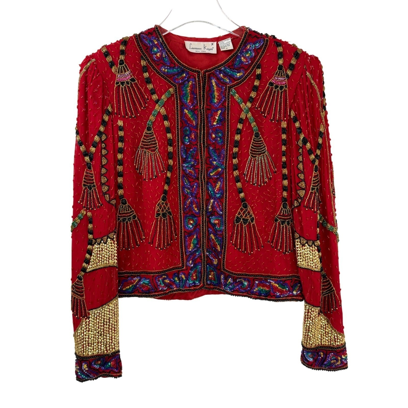 VINTAGE 80s Laurence Kazar Beaded Jacket Women M 100% Silk Sequin MAXIMALIST