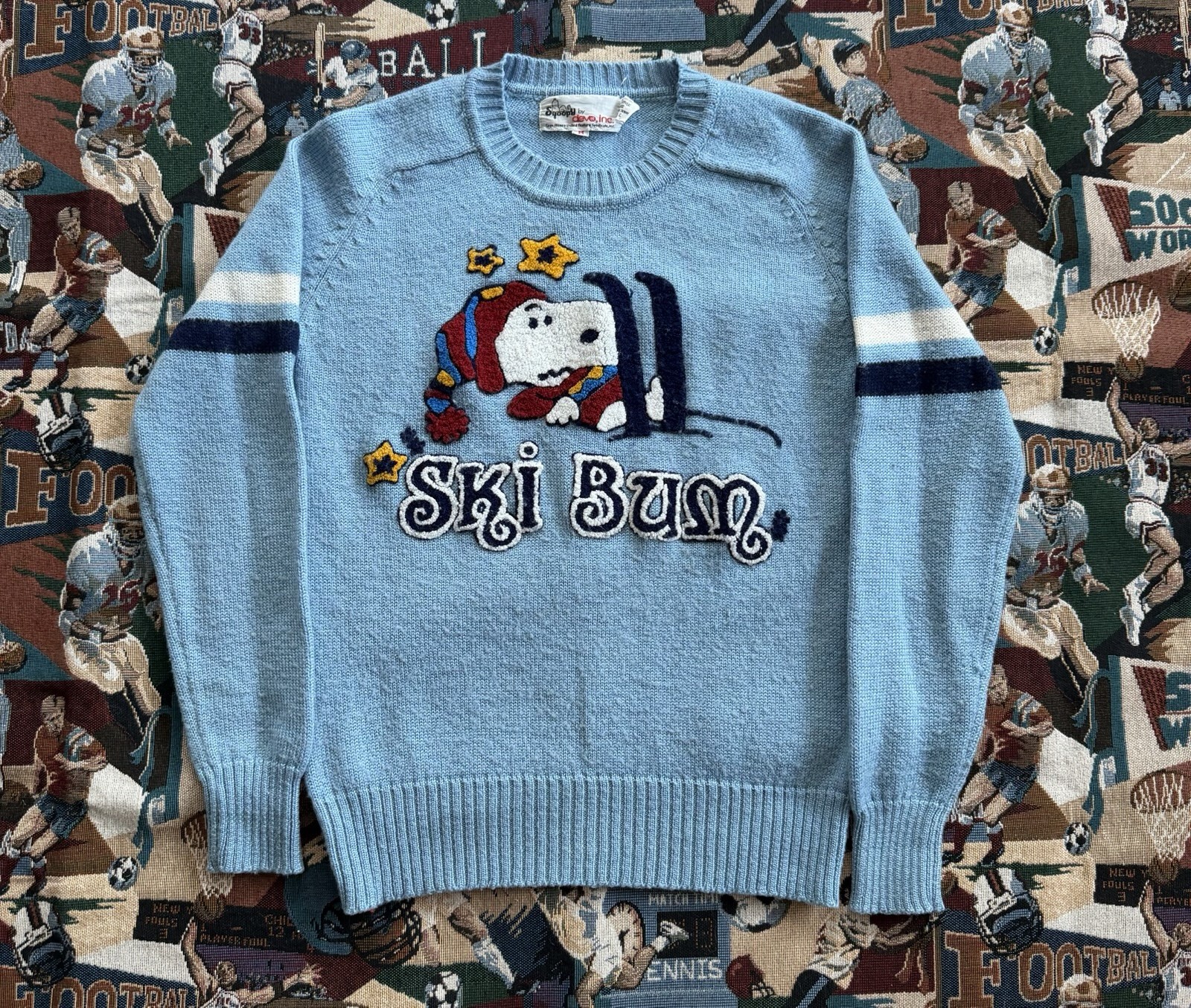 Vintage 70s Men’s Snoopy By Devo Inc Baby Blue Ski Bum Sweater Size Medium