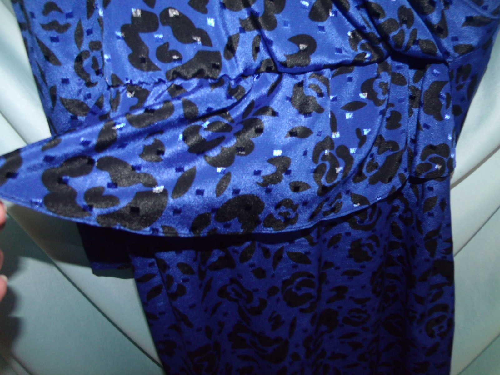 VTG Jody Calif. Blue Geometric Midi Peplum Sheath Dress Women’s Sz 14 80s Retro