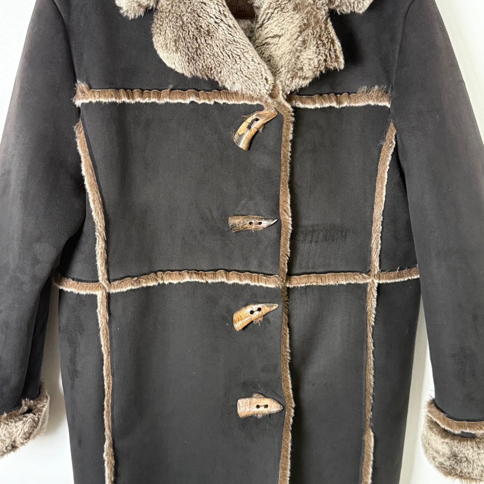 Fjall Penny Lane Faux Shearling Coat Women Large Brown Sherpa Toggle USA Y2K