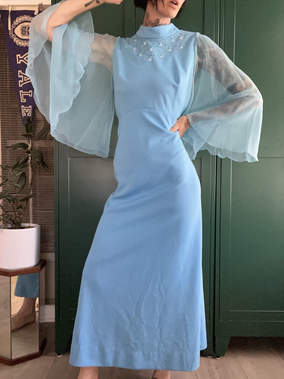 Vtg 70 Miss Rubette Maxi Dress Sheer Angel Sleeve Prong Rhinestone Teardrop L/XL