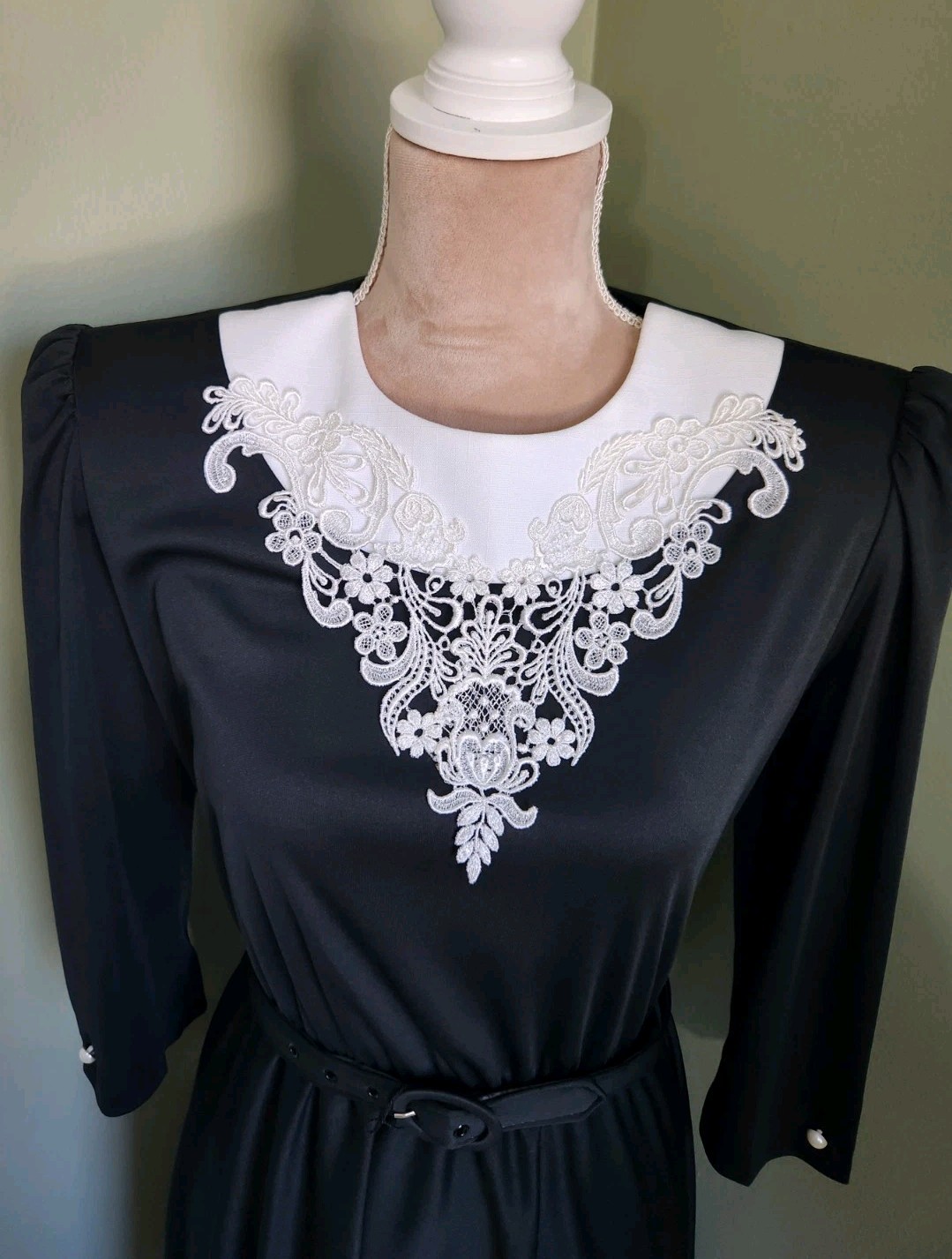 Vtg 80s 40s Whirlaway Frocks Black White Lace Collar Midi Dress Twirl Belted 6 P