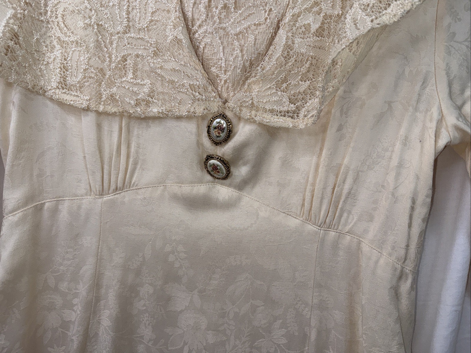 VTG 80s Lacy After Noon Shell Kepler Ivory Brocade Dress CottageCore Sz 8 V Good