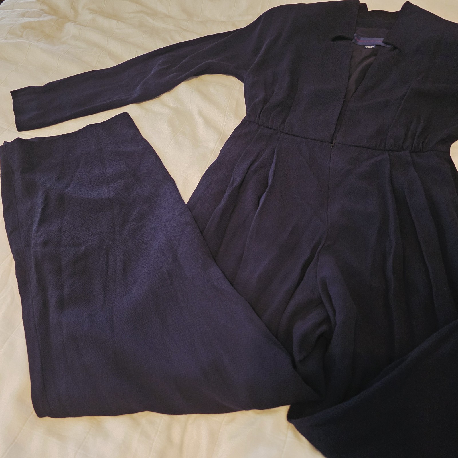 VTG Caroline Roehm Dark Navy Jumpsuit Lined Deep V Wide Leg Long Sleeve 29 Waist