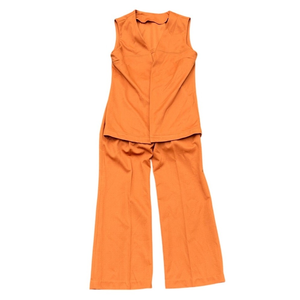 Vintage 1960s Womens Burnt Orange Polyester Pant and Vest Set 2 Piece Mod S/M