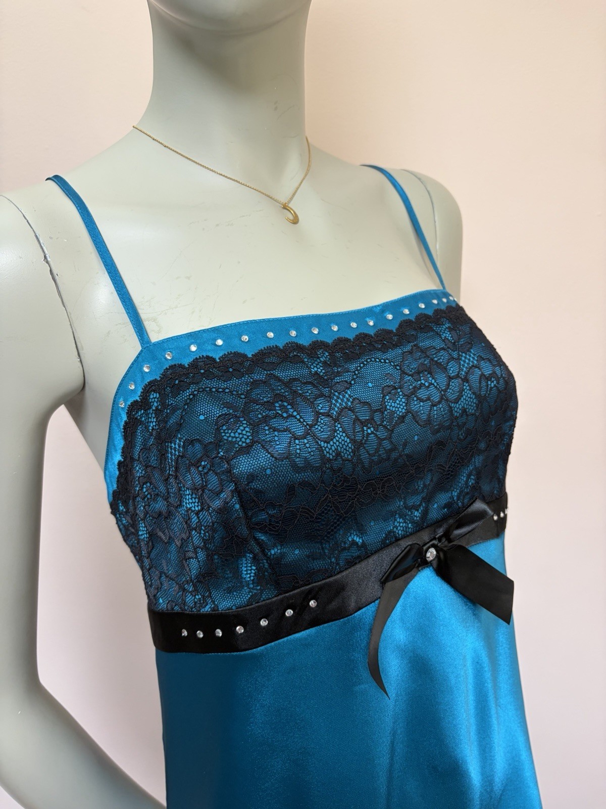 Vintage Y2K Morgan Taylor Teal Rhinestone Bows Satin Lace Slip Dress Chemise L