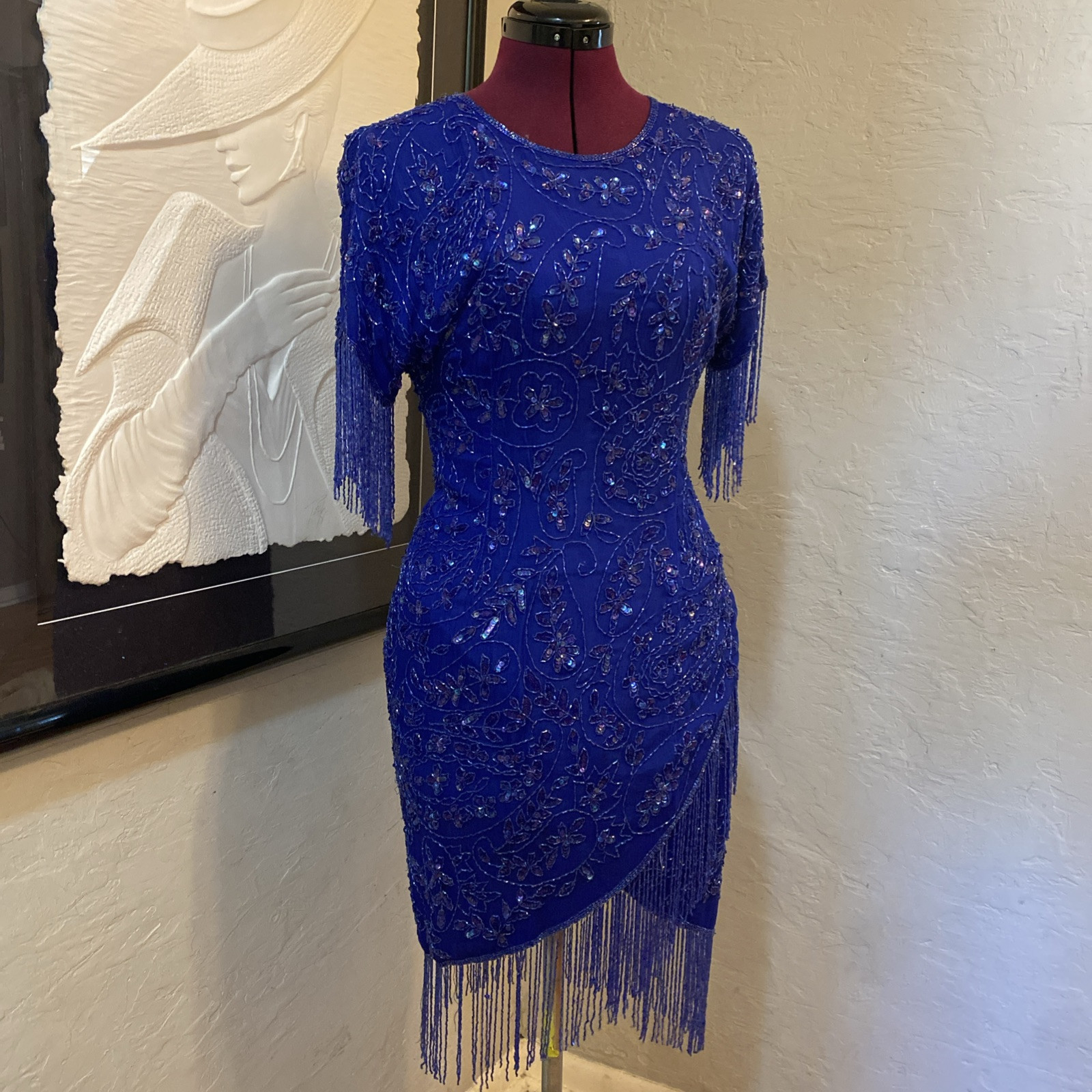 Vintage 80s Dark Blue Silk Sequin Beaded Fringe Cocktail Formal Mini Dress Med