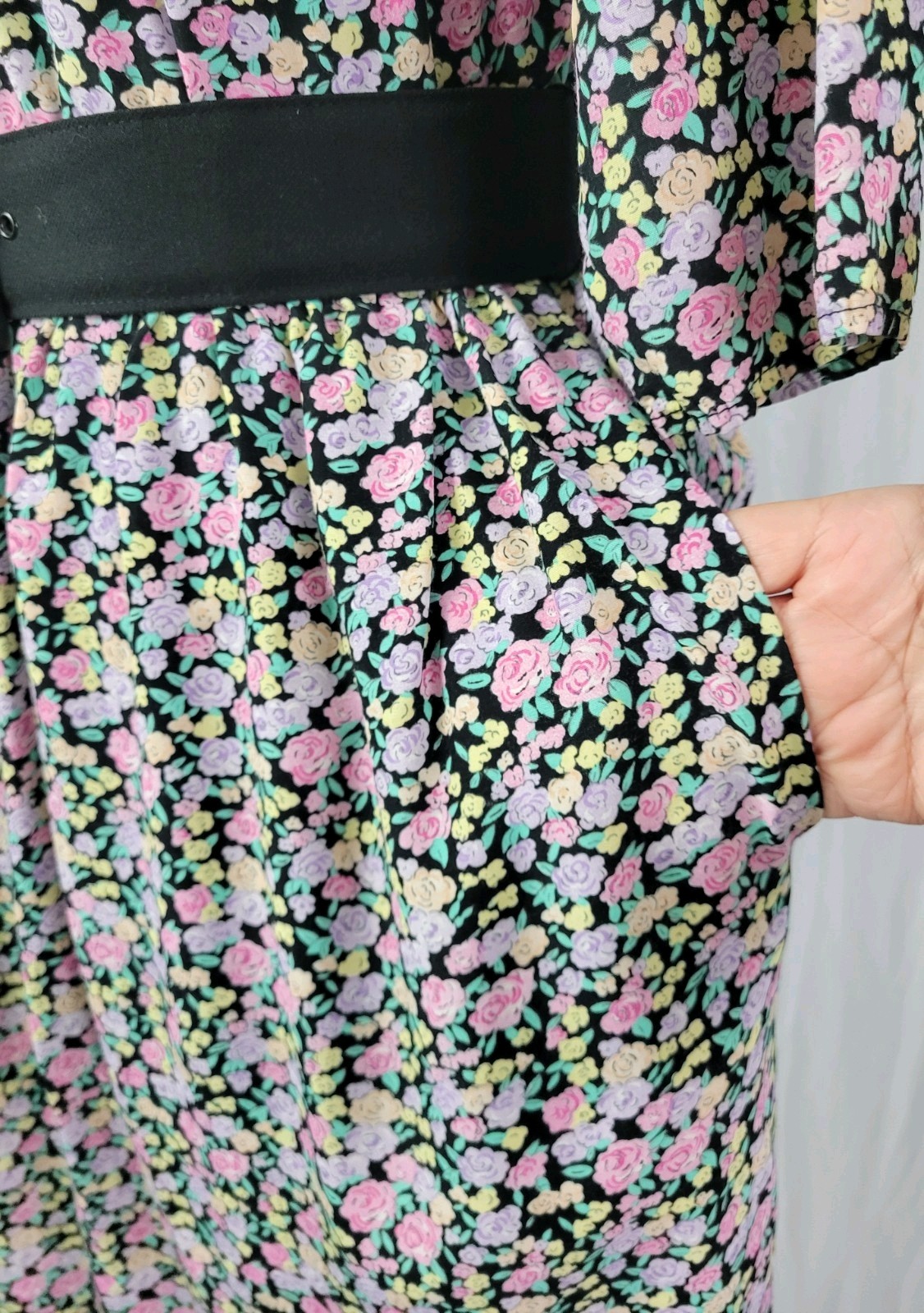 Vintage Ed Michaels Black Blouson Dress w Pink/Purple/Yellow Florals Size 7/8