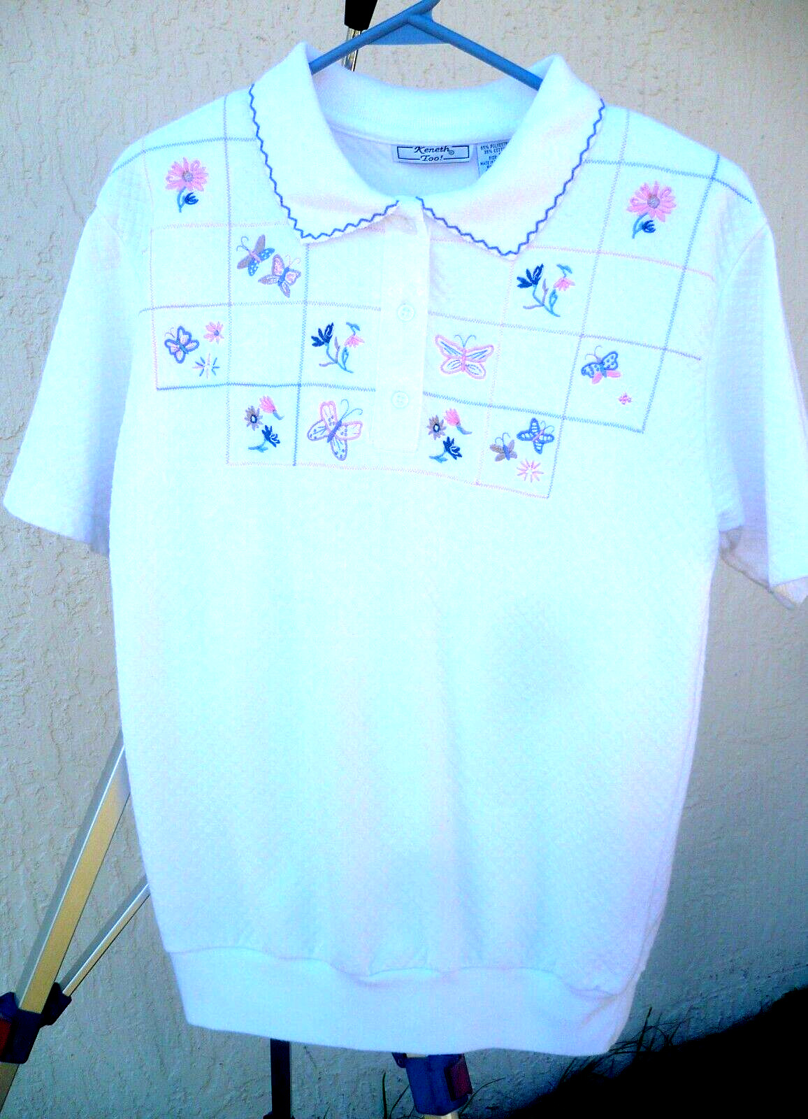 KENETH TOO VTG 80S WHITE TEXTURED WAFFLE KNIT POLO EMBROIDERED FLORAL BLOUSE L M