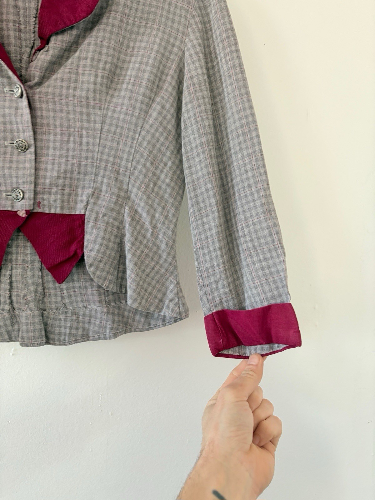 1940s Plaid Rayon Structured Peplum Jacket/Bodice Top W/ Contrast Faille Trim S