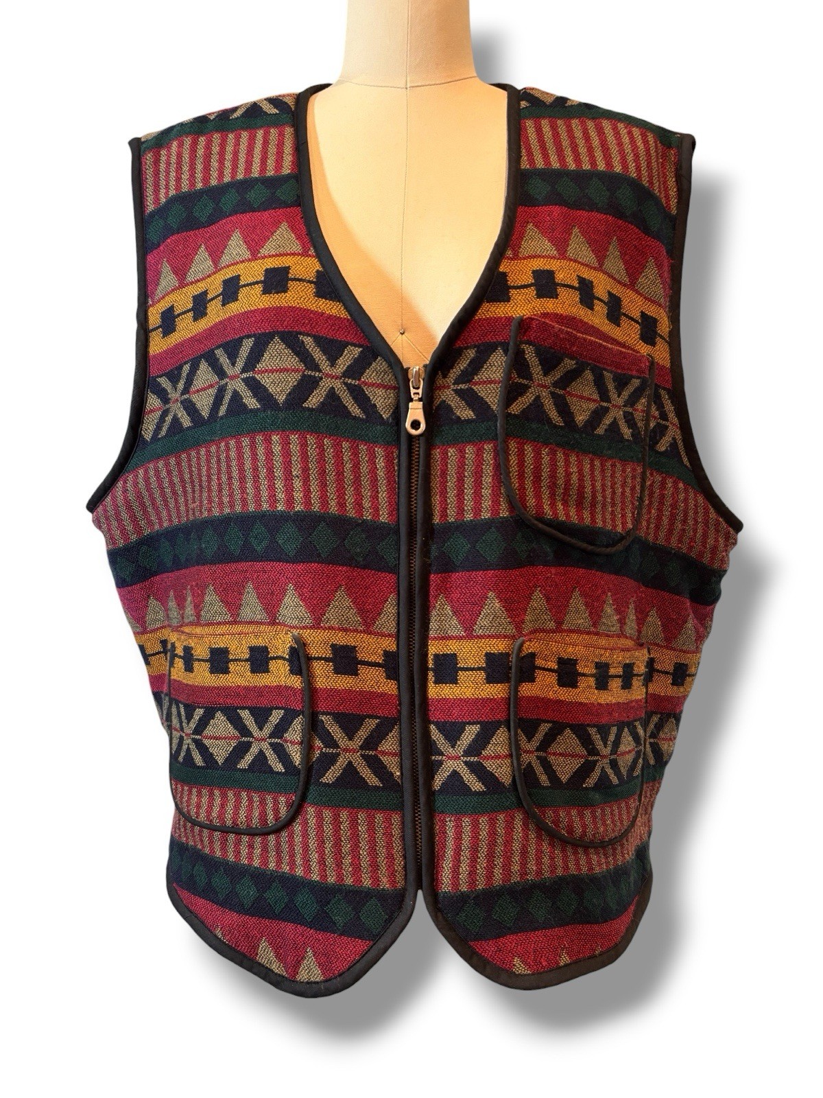 Vintage Geometric Design Zip Up Insulated Vest By Rough USA Women’s Size Medium