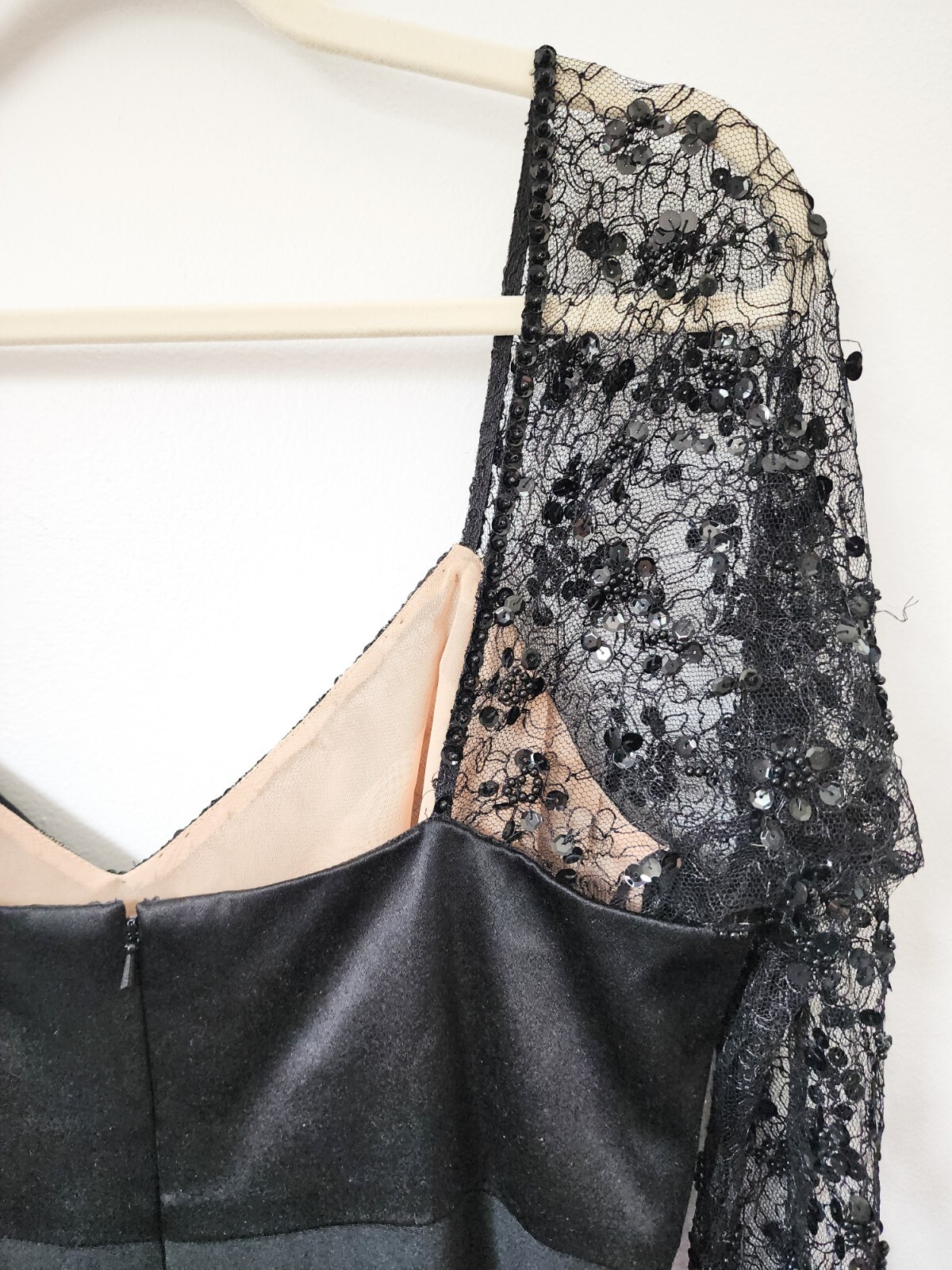 RARE Vintage Saks Fifth Avenue Travilla Ebony Silk Beaded Gown W/ Lace Size 14