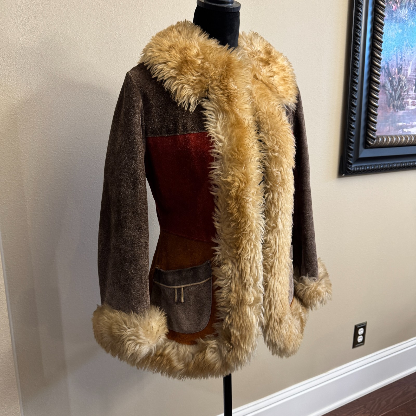 Vintage 60s/70s Penny Lane Patchwork Suede Fur Coat Boho Hippie Festival Sz 6