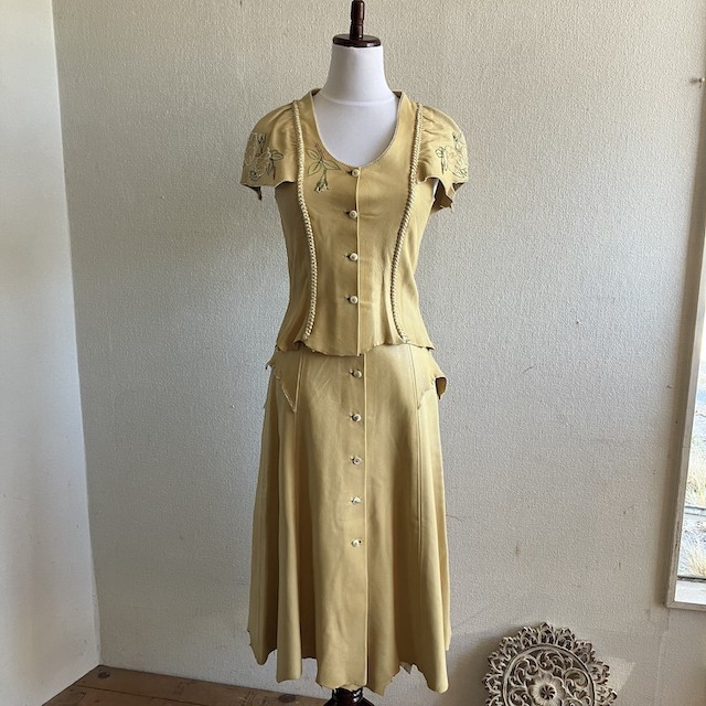 Vintage 60s-70s North Beach Leather Top & Skirt Set Hand-Embroidered Deer Skin