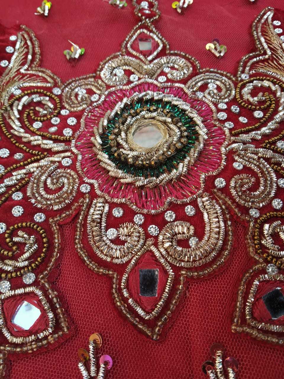 Vintage Indian Hand Bead Rhinestone RED COLOR LEHANGA PATCH ART CRAFT 1FREE ON 5