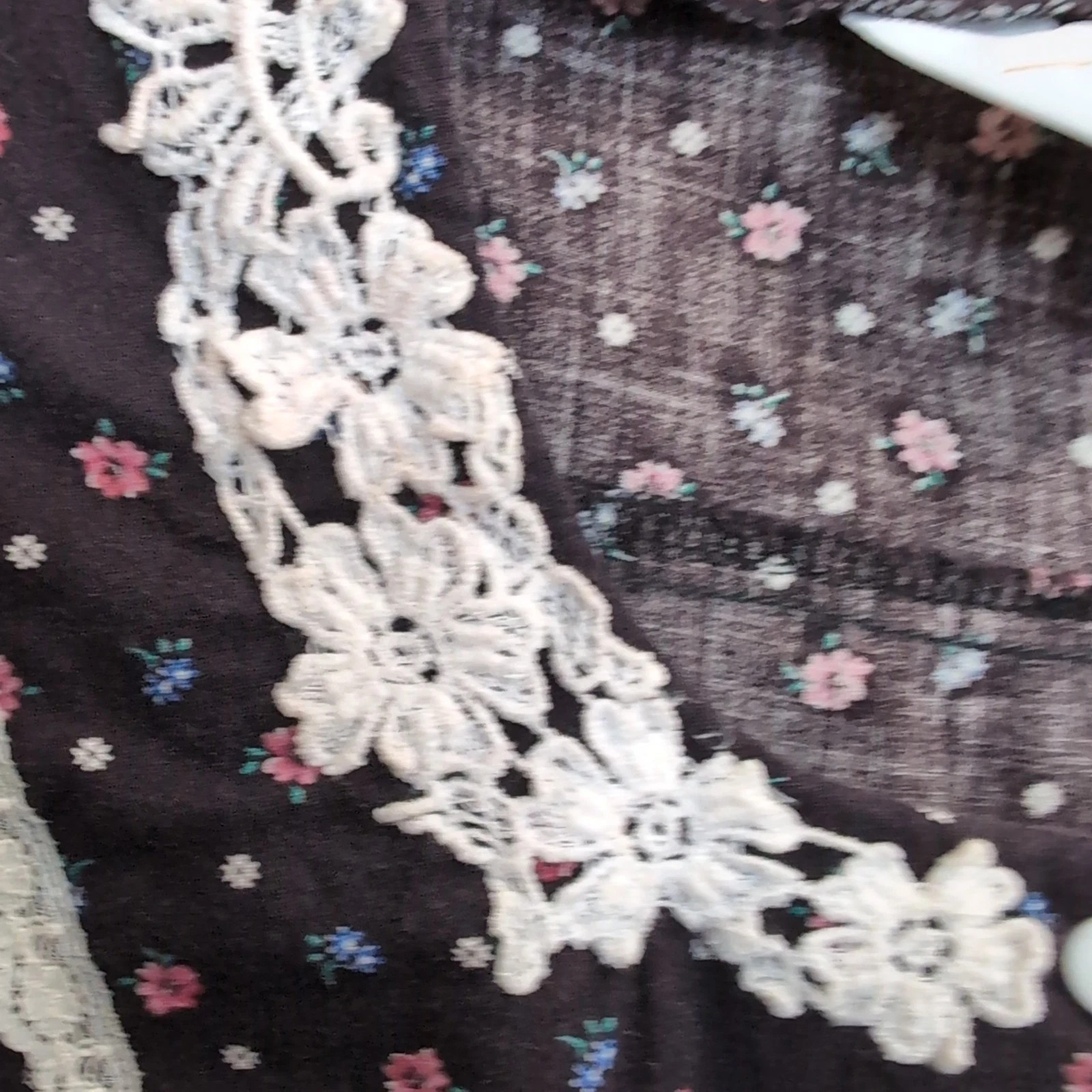 Vtg JCPenney Dress Black Cottage Calico Floral Prairie Tie 70s Renaissance Fair