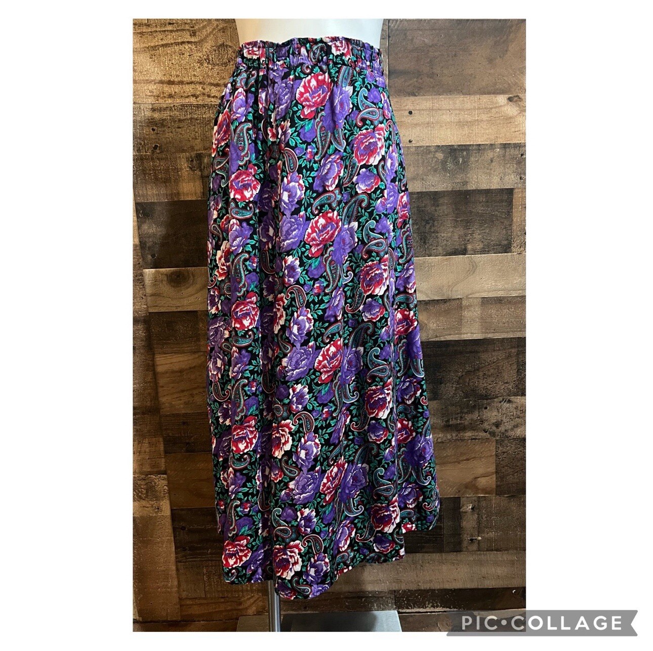 Vintage Floral Paisley Pink Purple Green Midi Flowy Skirt Cottagecore Small