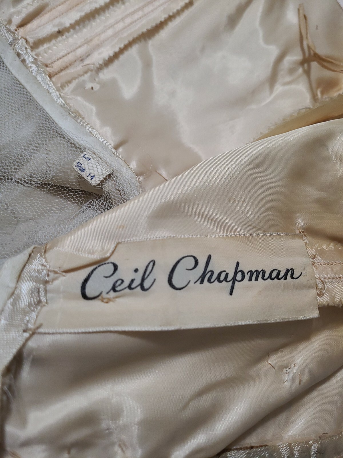 Ceil Chapman Evening Gown Dress Womens 14 Satin Silk Tulle Applique 50s FLAWS