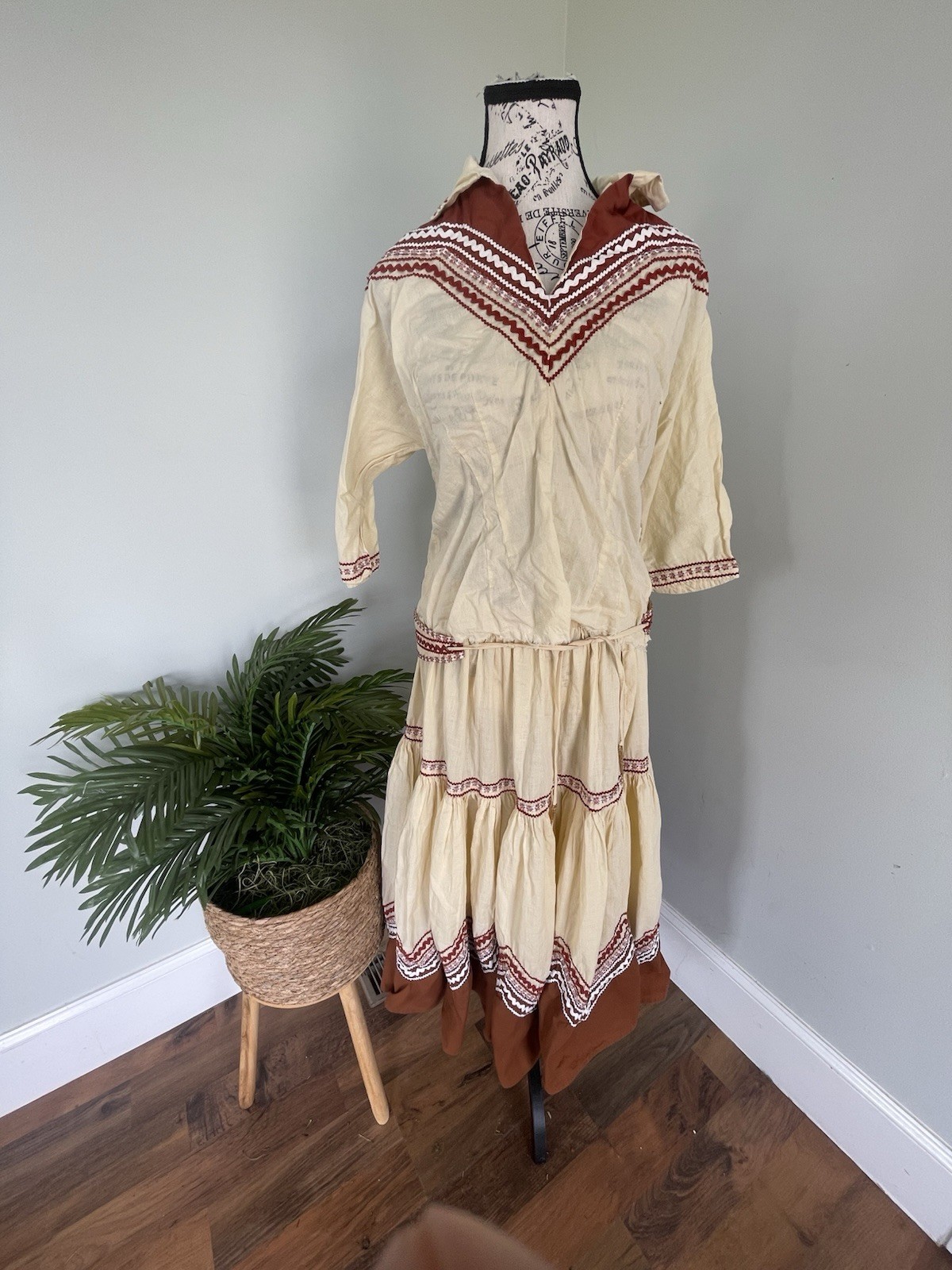 Vtg Faye Creations Patio Skirt Blouse Belt Fiesta Western Squaw Rick rack