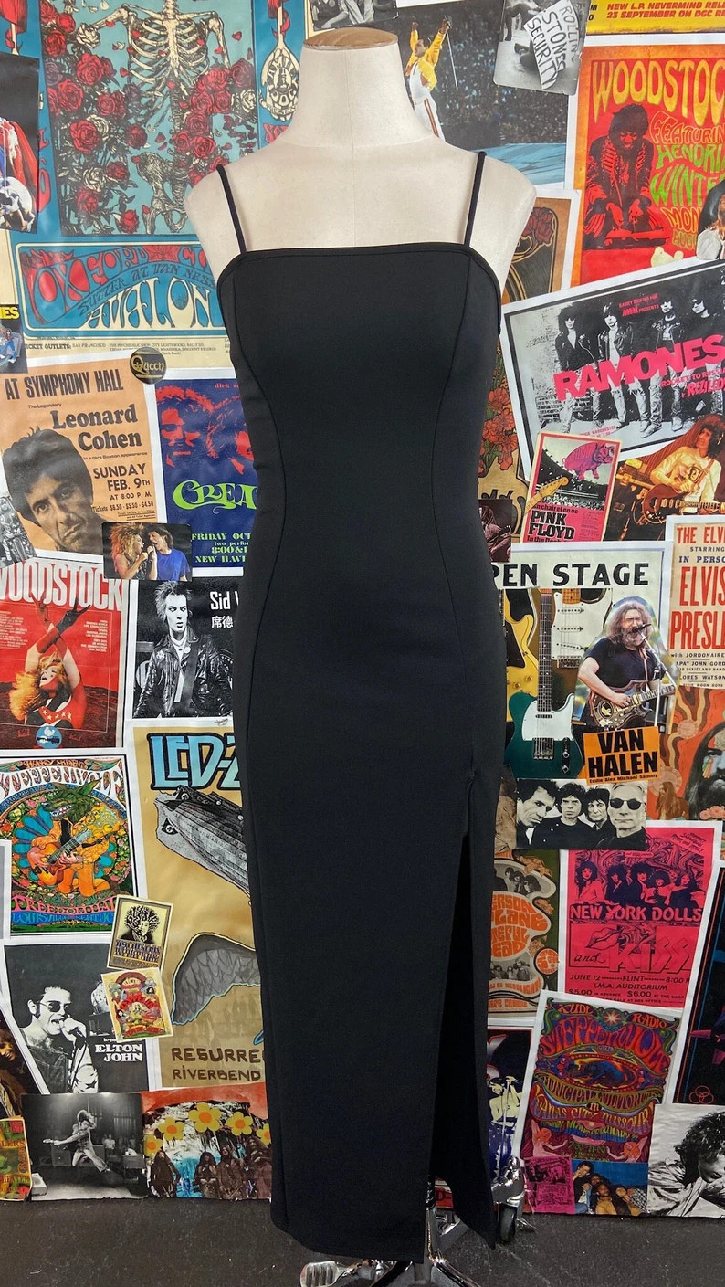 Vintage 90s Black Strappy Bodycon High Slit Midi Cocktail Party Dress 2XS