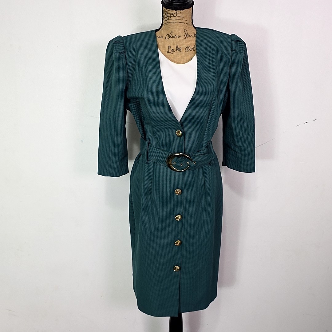 Vintage 80s Whirlaway Frocks Green Plaid Faux Layered Short Sleeve Belted Dress