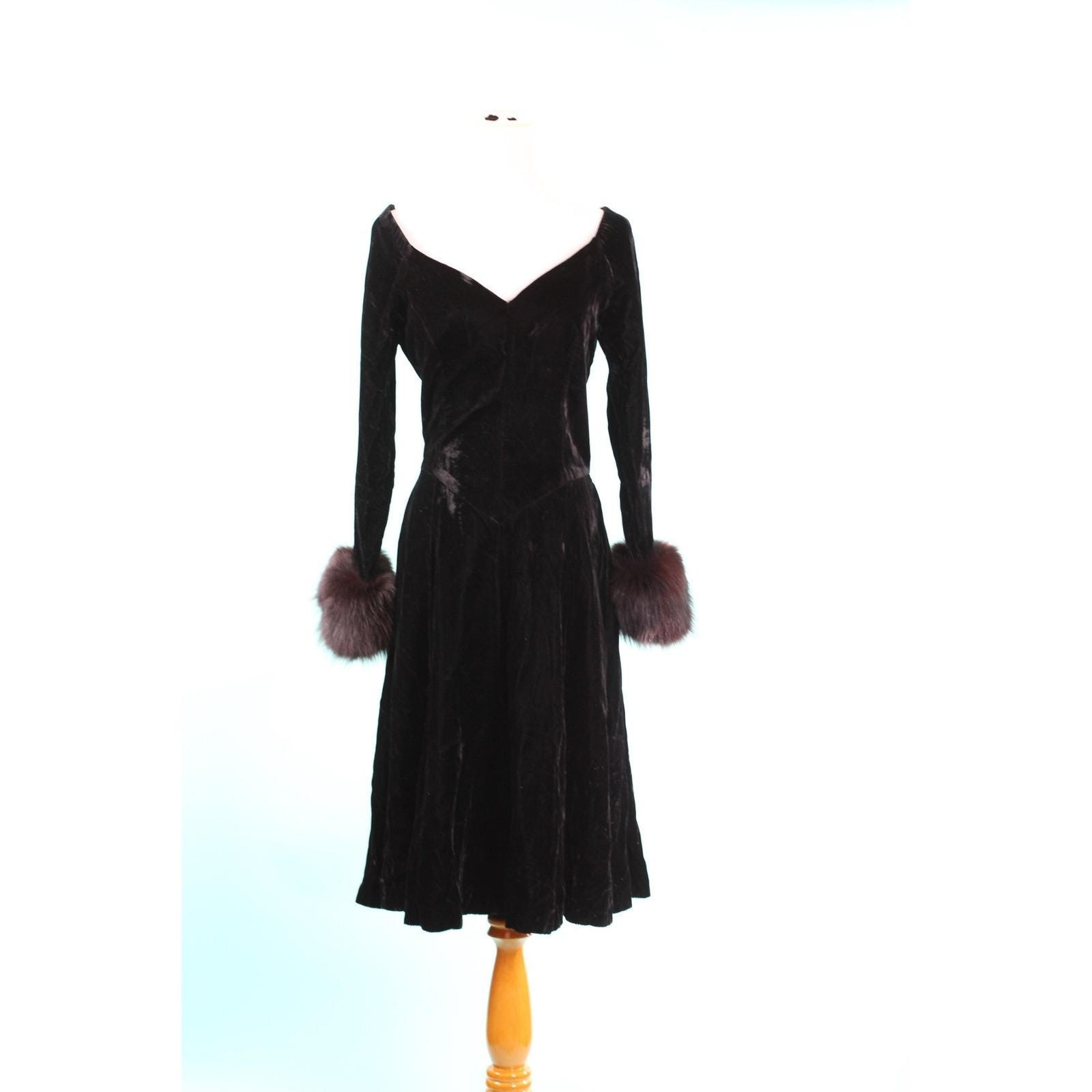 Vintage 1960s Black Velvet Dress Fox Fur Trim Cuffs V-Neck Cocktail Mid Century