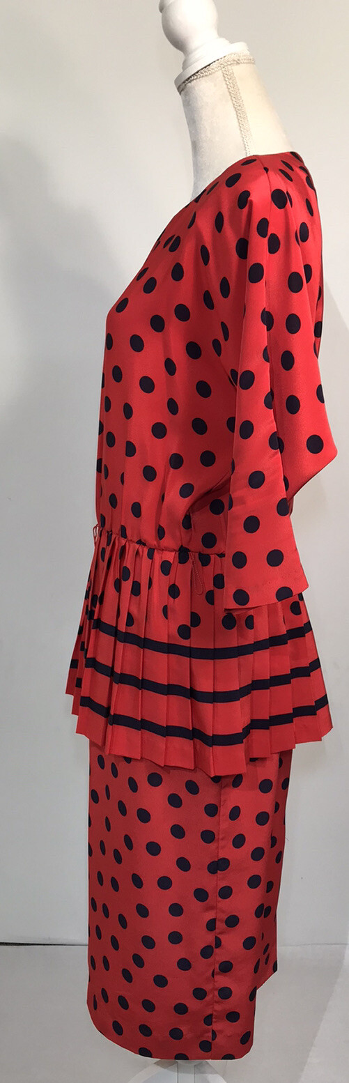 Vintage Blake Elizabeth Red Navy Blue Polka Dot Peplum Skirt Set Women’s Size 10