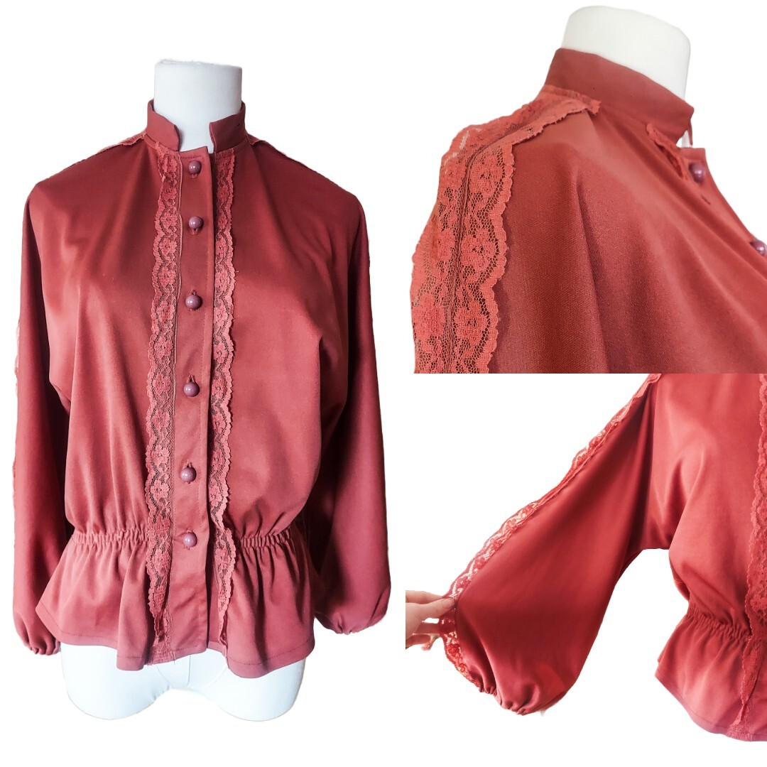 Vintage 1960s Richard Shops High Neck Lace Dolman Peplum Mod Victorian Blouse