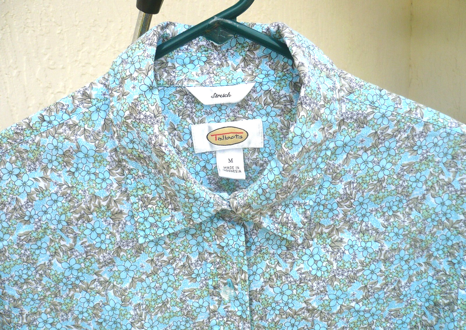 VTG 80S TALBOTS M LIGHT TURQUOISE FLORAL COTTON LYCRA COUNTRY BLOUSE SHIRT WOMEN