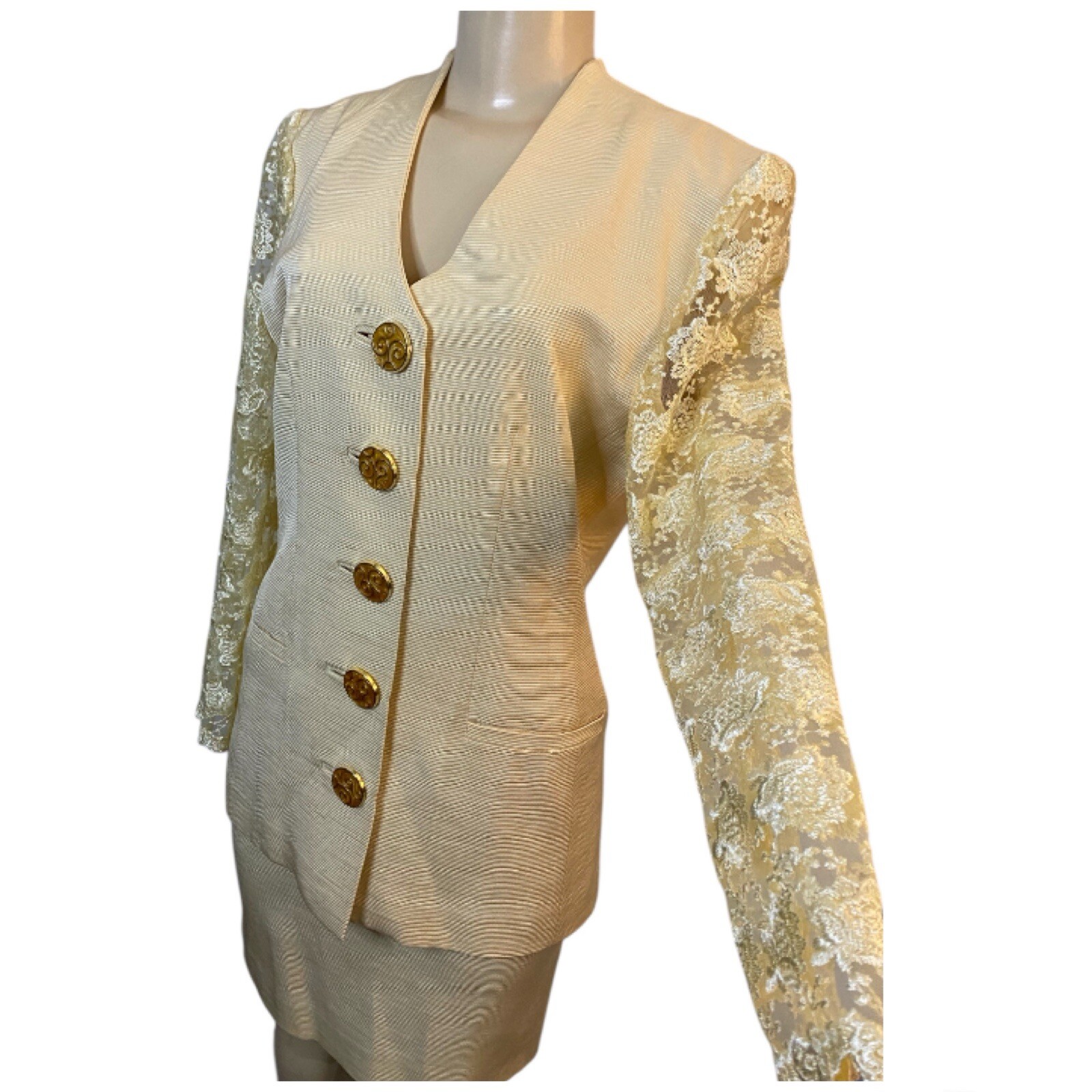 VTG 90s Manlio Mallia Cream Gold Skirt Set Lace Silk Ribbed Luxury Italian Sz6/8