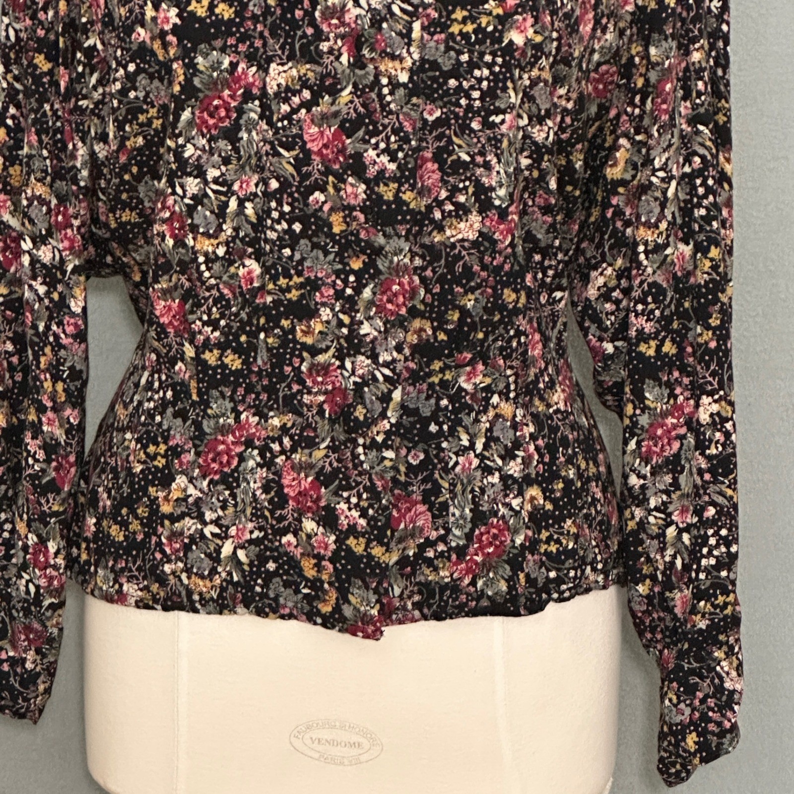 VTG 80s Hunters Run Womens Top L Black Dainty Floral Collar Prairie Cottagecore