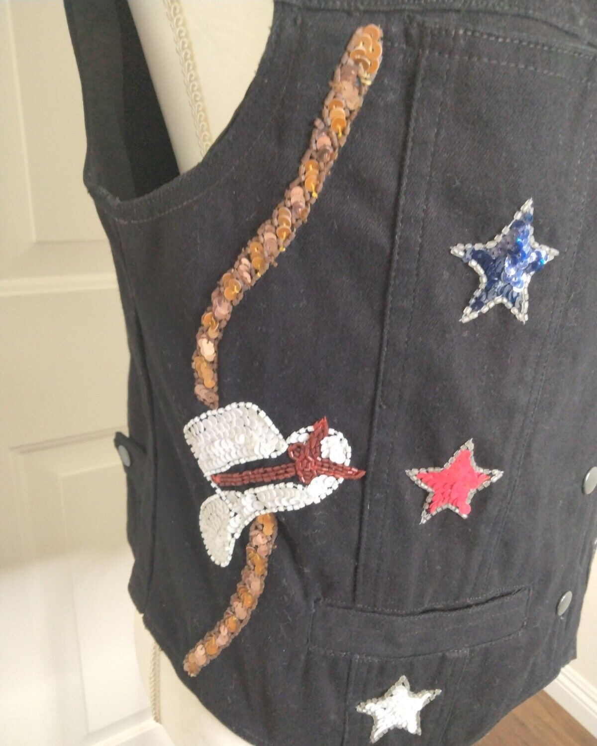 Modi Black Denim with Western Sequin Boots Cowboy Hat Stars Vest Size Medium